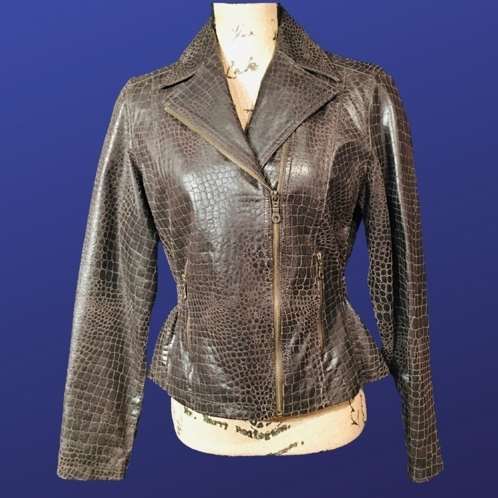 LIVE A LITTLE 100% Leather Faux Reptile Biker Moto Jacket, BROWN, Size M, NWOT